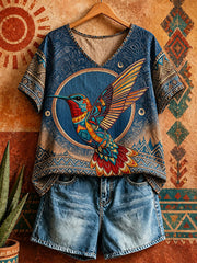 Women's Native Hummingbird Art V-Neck Tops