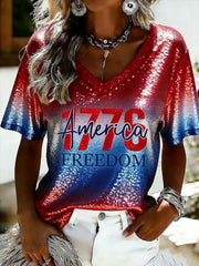 Women's America 1776 Freedom Printed Casual V-neck T-Shirt