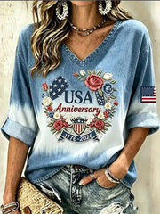 Women's Retro Independence Day Anniversary Floral Pattern Casual V-Neck Shirt