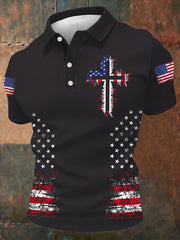 Men's ndependence Day Christian Cross American Flag Short Sleeve Top