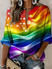 Women's Pride Month Rainbow Flag Printed Cotton-Linen Top