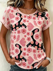 Women's Cute Black Cat With Floral Art Linen Short Sleeves Top
