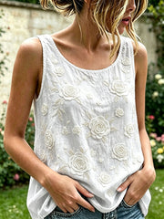 Women's Rose Floral Pattern Cotton Linen Top