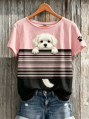 Women's Peeking Maltese Dog Colorblock Print short-sleeved T-shirt