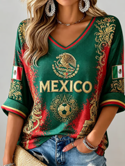 Women's Mexico Football Printed Mid-length Sleeves V-Neck T-Shirt