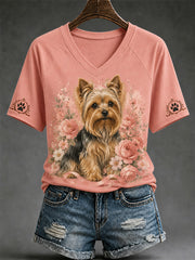 Women's Retro Dog Print Casual V-Neck Tee