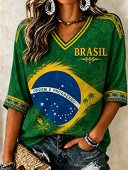 Women's Brazil Football Fan Gift Art Mid-length Sleeves V-Neck T-Shirt