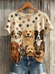 Women's Lovely Dogs & Paw Prints Pattern Print short-sleeved T-shirt