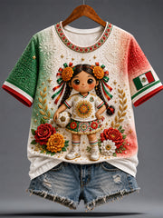 Women's Mexico Football Lover Lele Doll Art Printed T-shirt