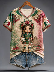 Women's Mexico Football Lover Lele Doll Art Printed T-shirt