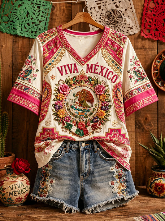 Women's Mexico Pride Art Printed Linen T-shirt
