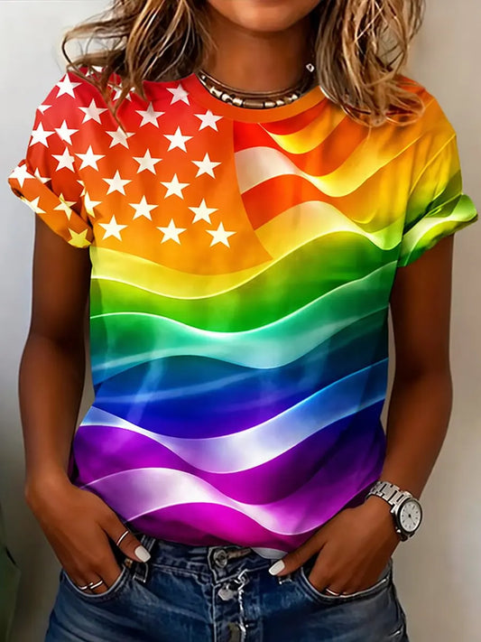 Women's Pride Month Rainbow Flag Printed Short Sleeve T-shirt