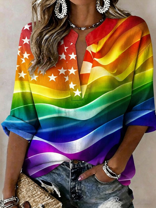 Women's Pride Month Rainbow Flag Printed  Cotton-Linen Top