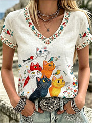 Women's Vintage Cute Cat  Pattern Linen Short-sleeve Top