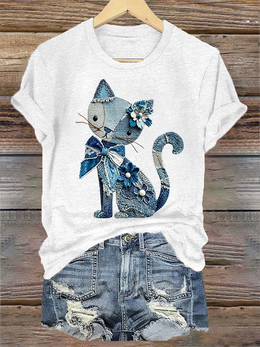 Women's Floral Cats Print Casual Tee