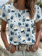 Women's Cute Cat Blueberry Floral Print Cotton Linen  Short Sleeves Top