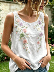 Women's Rose Floral Pattern Cotton Linen Top