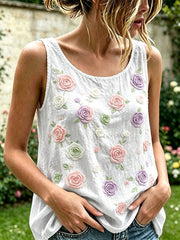 Women's Rose Floral Pattern Cotton Linen Top