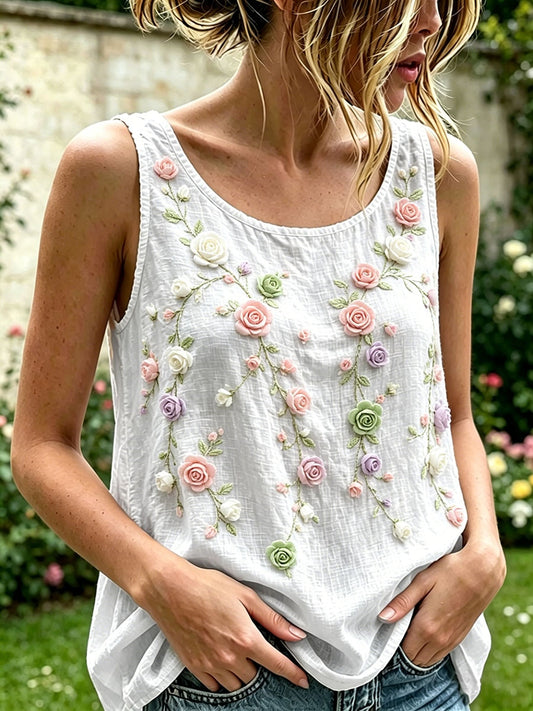 Women's Rose Floral Pattern Cotton Linen Top