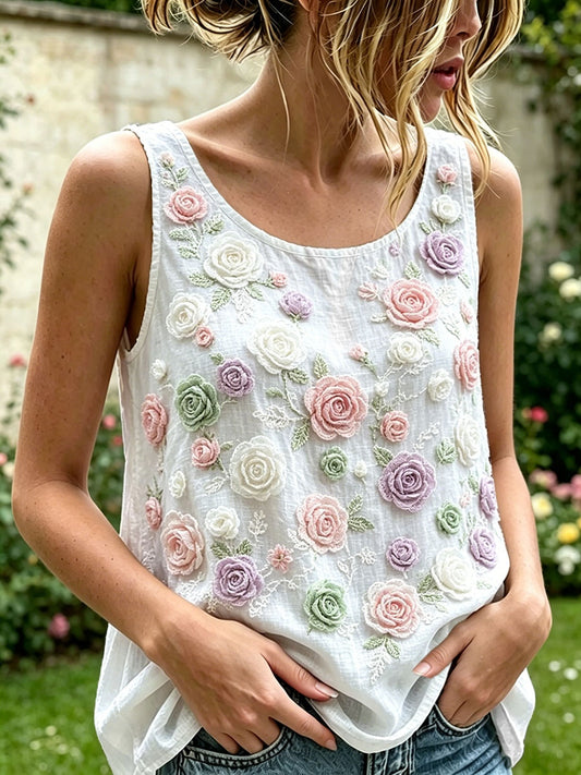 Women's Rose Floral Pattern Cotton Linen Top