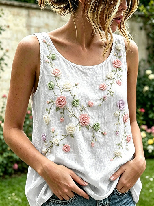 Women's Rose Floral Pattern Cotton Linen Top