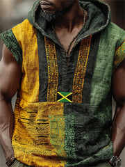 Men's Reggae Style Jamaica Flag Africa Kente Colorblock Print Hooded Linen Tank