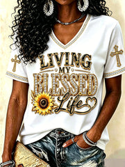 Women's 'Living my blessed life' Christian V-neck T-shirts