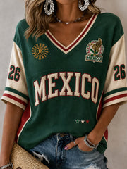 Women's Gift For Football Fans Print Casual Mid-length Sleeves V-Neck T-Shirt