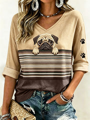 Women's Peeking Pug Dog & Paw Prints Colorblock Print Mid-length Sleeves V-Neck T-Shirt