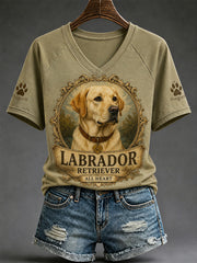 Women's Retro Dog Print Casual V-Neck Tee