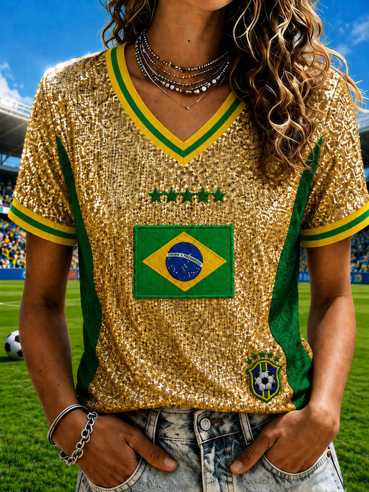 Women's Brazil Football Fan Gift Printed Casual Short Sleeve T-shirt