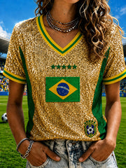 Women's Brazil Football Fan Gift Printed Casual Short Sleeve T-shirt