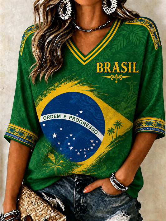 Women's Brazil Football Fan Gift Art  Mid-length Sleeves V-Neck T-Shirt