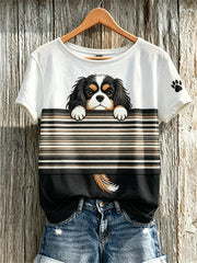 Women's Peeking King Charles Spaniel Dog & Paw Print Colorblock Print short-sleeved T-shirt