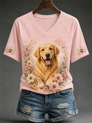 Women's Retro Dog Print Casual V-Neck Tee
