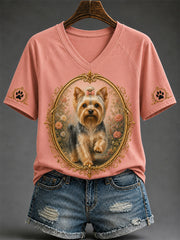 Women's Retro Dog Print Casual V-Neck Tee
