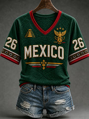Women's Mexico Football Lover Art V-neck Off-shoulder Short Sleeve T-shirt