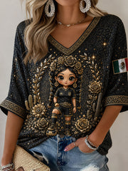 Women's Mexico Football Lover Lele Doll Art Printed T-shirt
