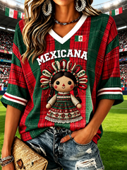 Women's Mexico Football Lover Art Printed Mid-length Sleeves V-Neck T-Shirt