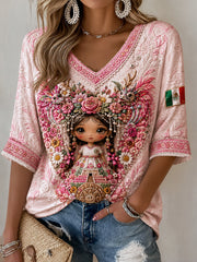 Women's Mexico Football Lover Lele Doll Art Printed T-shirt