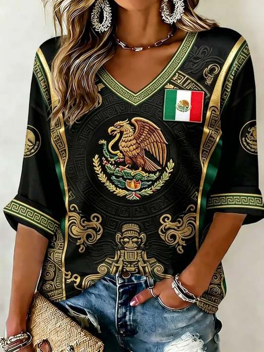 Women's Mexico Printed Mid-length Sleeves V-Neck T-Shirt