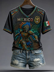 Women's Mexico Yaotl Mictlan Art Independence Day Printed T-shirt