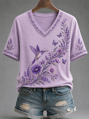 Women's Purple Floral & Hummingbird Print Alzheimer's Awareness Support V-Neck Tee