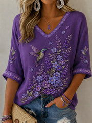 Women's Purple Floral & Hummingbird Print Alzheimer's Awareness Support Half-Sleeves V-Neck T-Shirt