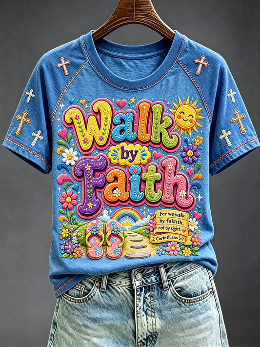 Women's Walk By Faith Print Round Neck Short Sleeve T-shirt
