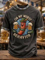 Herren-Oktoberfest‑T-Shirt mit Wurst‑Witzen‑Print, lässig geschnitten